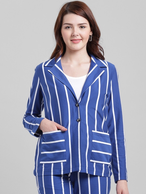 

Texco Women Blue & White Striped Single-Breasted Formal Pure Cotton Blazer