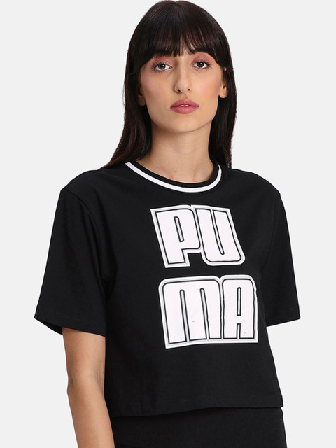 

Puma Women Black Printed Round Neck Pure Cotton T-shirt