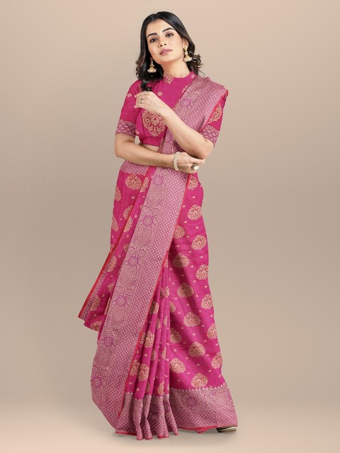 

BharatSthali Pink Silk Cotton Woven Design Banarasi Handloom Saree