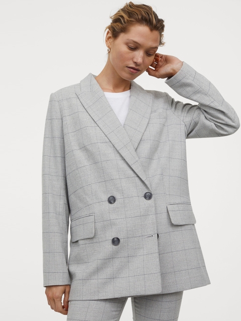 

H&M Women Grey Checked Double-Breasted Blazer