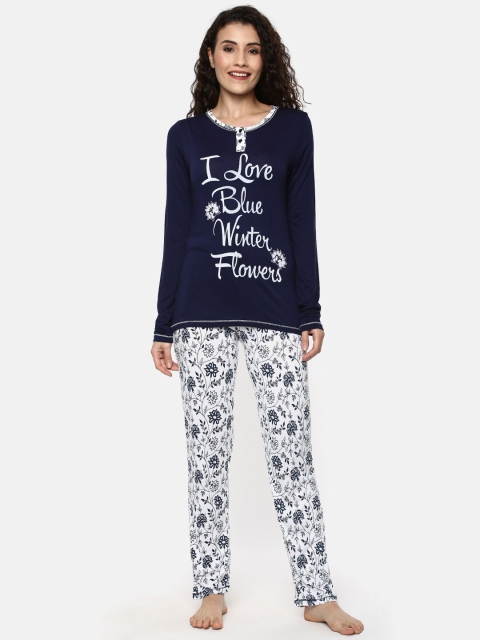 

YCANF Women Navy-Blue & White Printed Night Suit