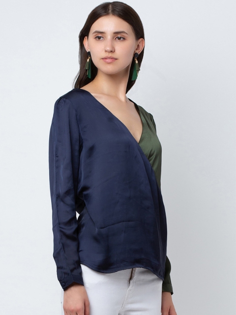 

DODO & MOA Women Green & Navy Blue Colorblocked Wrap Top