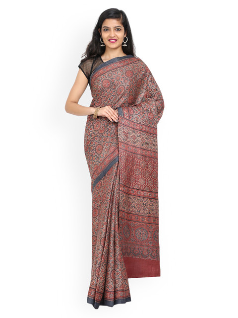 

SABOO COLLECTIONS Maroon & Beige Pure Silk Printed Tussar Saree