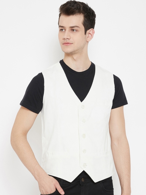 

even Men White Solid Corduroy Waistcoat