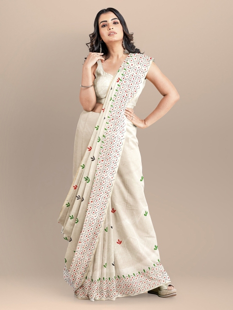 

BharatSthali Cream-Coloured Silk Cotton Woven Design Handloom Taant Saree