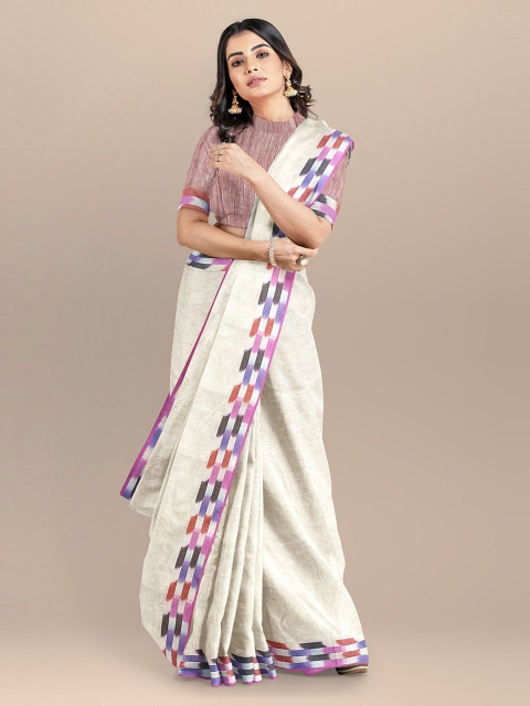 

BharatSthali Cream-Coloured Ikat Printed Pure Linen Bhagalpuri Handloom Sustainable Saree