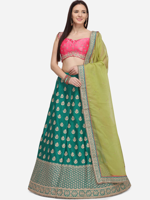 

NAKKASHI Women Green & Pink Zari Embroidered Semi-Stitched Lehenga & Unstitched Choli with Dupatta