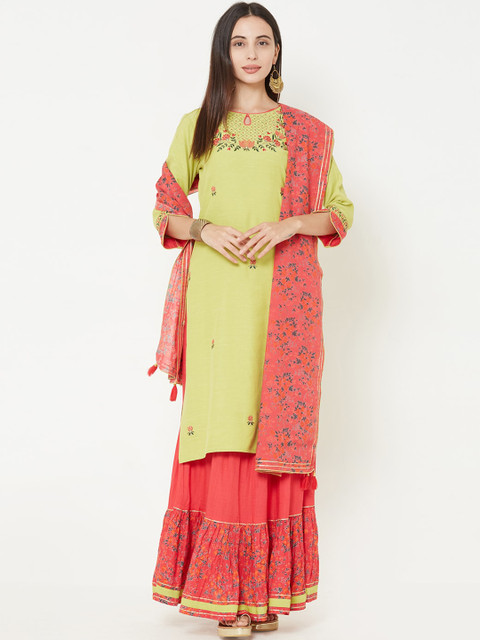 

FASHOR Women Green Floral Embroidered Regular Kurta with Sharara & With Dupatta