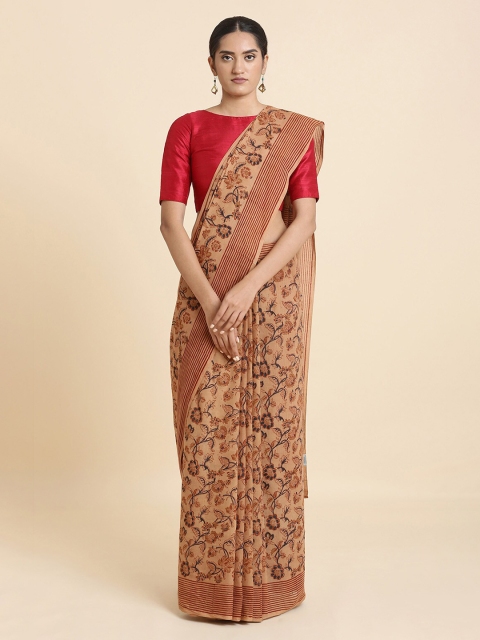 

Taneira Peach-Coloured & Brown Pure Cotton Printed Block Print Saree