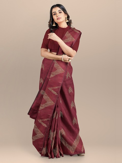 

BharatSthali Maroon Silk Cotton Woven Design Handloom Taant Saree