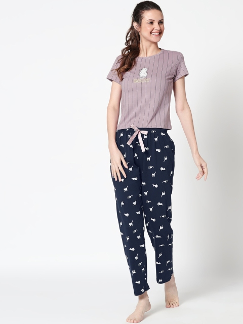 

Zeyo Women Purple & Blue Striped Night suit