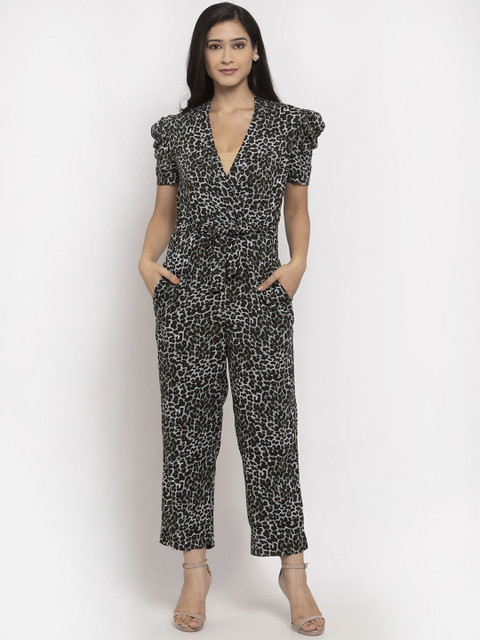 

Just Wow Women Black & White Animal Printed Cotton Basic Jumpsuit