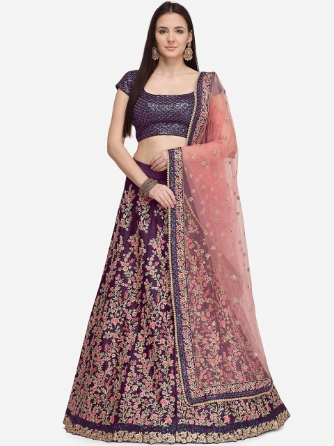 

NAKKASHI Women Pink and Purple Floral Embellished Semi-Stitched Lehenga Choli with Dupatta