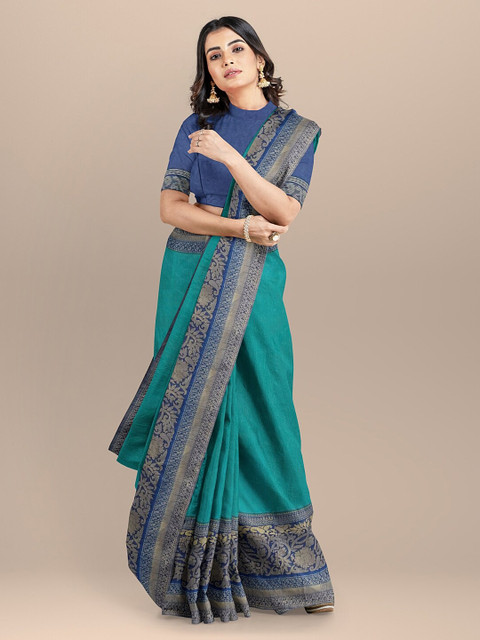 

BharatSthali Green & Blue Silk Cotton Woven Design Banarasi Handloom Saree