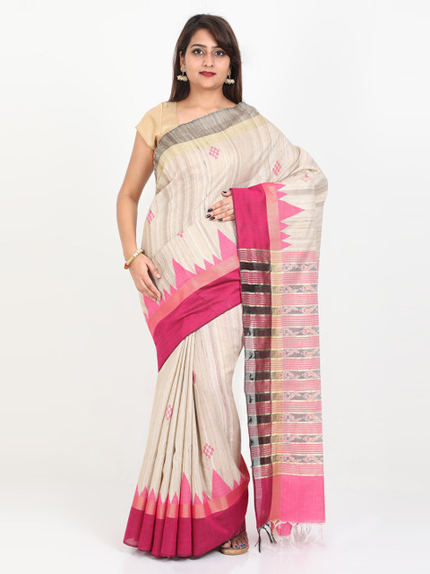 

SABOO COLLECTIONS Cream-Coloured & Pink Pure Silk Woven Design Bhagalpuri Saree