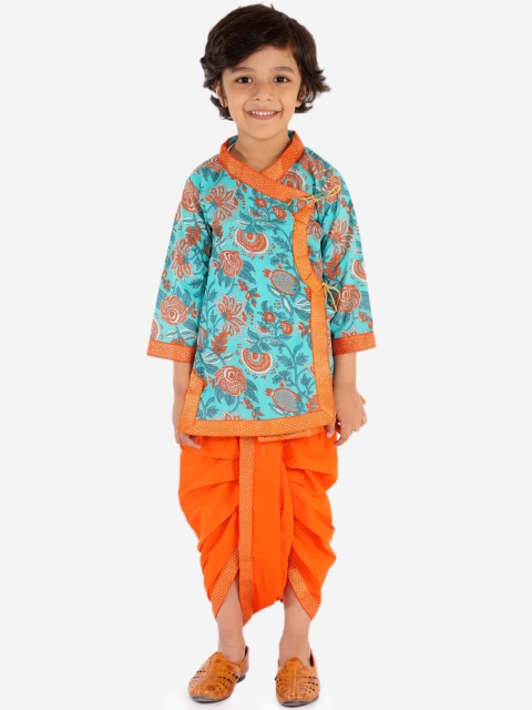 

Chipbeys Boys Orange & Turquoise Blue Printed Handloom Kurta with Dhoti Pants
