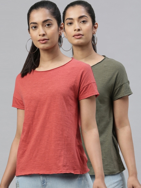 

Kryptic Women Pack Of 2 Olive Green & Red Solid Cotton Round-Neck T-shirt