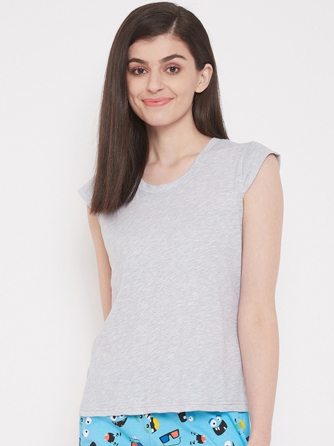 Clovia Women Grey Melange & Blue Night Suit