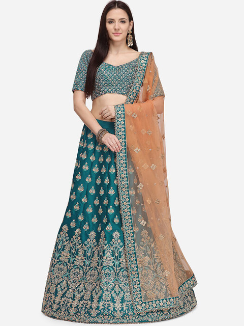 

NAKKASHI Women Teal Blue & Peach Embroidered Semi-Stitched Lehenga & Unstitched Blouse With Embellished Dupatta