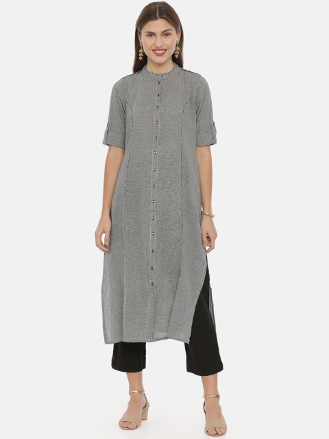 

Neerus Women Black & Off-White Striped A-Line Kurta