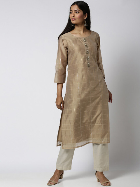 

Soch Women Beige Embroidered Chanderi Silk Kurti
