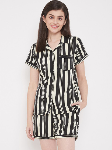 

Clovia Women Black & Off-White Striped Night Suit