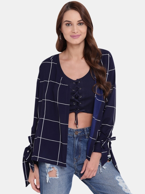 

Texco Women Navy Blue & White Checked Open Front Shrug