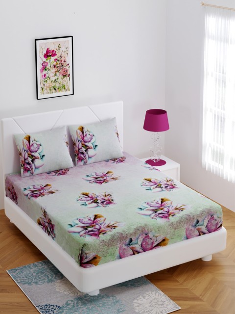 

BOMBAY DYEING Green & pink Floral Printed 300 TC Cotton Double King Bedsheet With 2 Pillow Covers