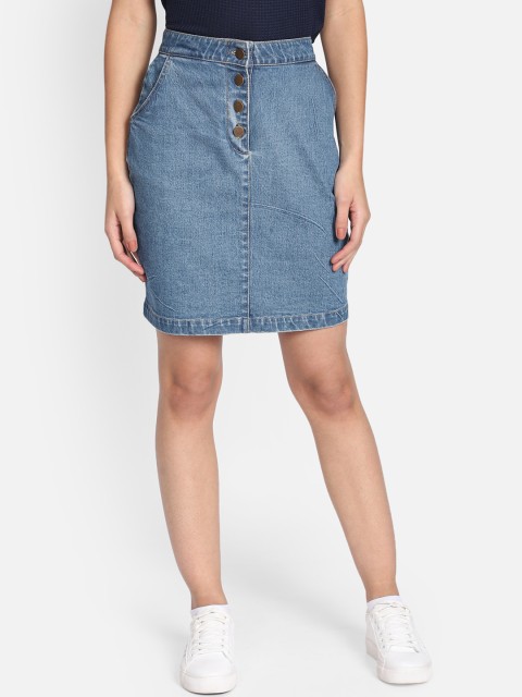 

Yaadleen Women Blue Solid Denim Pencil Skirt
