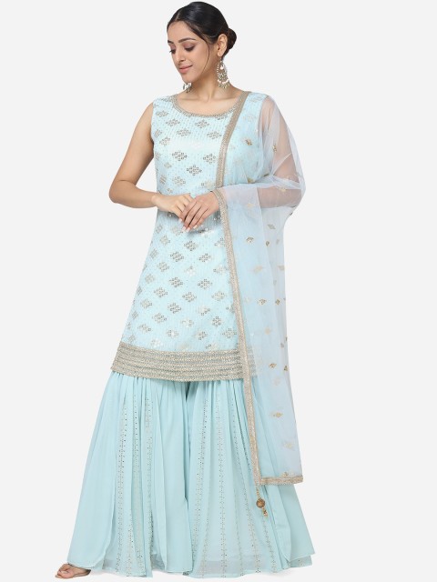 

BOMBAY SELECTIONS Women Blue Embroidered Kurti with Sharara & Dupatta