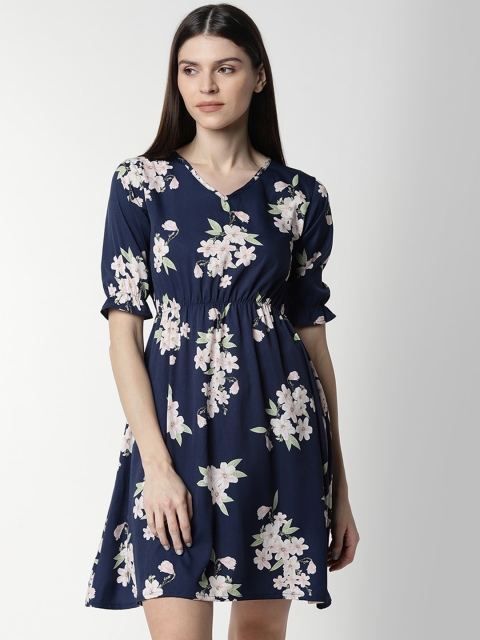 

FIVE STONES Women Navy Blue Floral Print Empire Dress