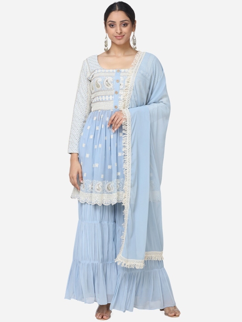 

BOMBAY SELECTIONS Women Blue & White Embroidered Kurti with Sharara & Dupatta