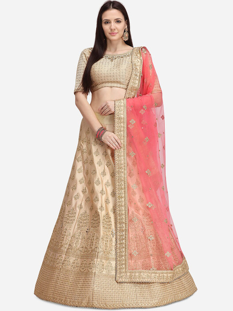 

NAKKASHI Beige & Pink Embroidered Semi-Stitched Lehenga & Blouse With Dupatta