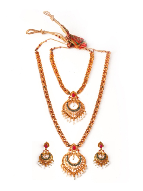 

Alankruthi Gold-Plated Pink & Green Stone-Studded Textured Temple Jewellery Set