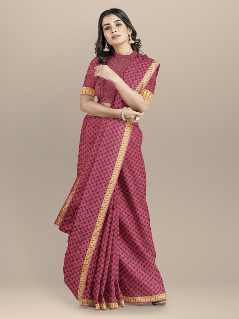 

BharatSthali Pink Silk Cotton Printed Banarasi Sustainable Saree