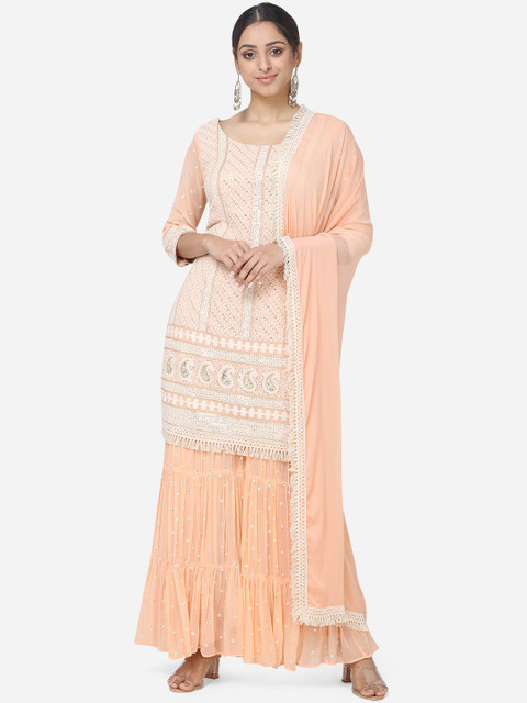

BOMBAY SELECTIONS Women Peach-Coloured Embroidered Kurta with Sharara & Dupatta