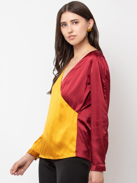 

DODO & MOA Women Yellow & Red Colorblocked Wrap Top