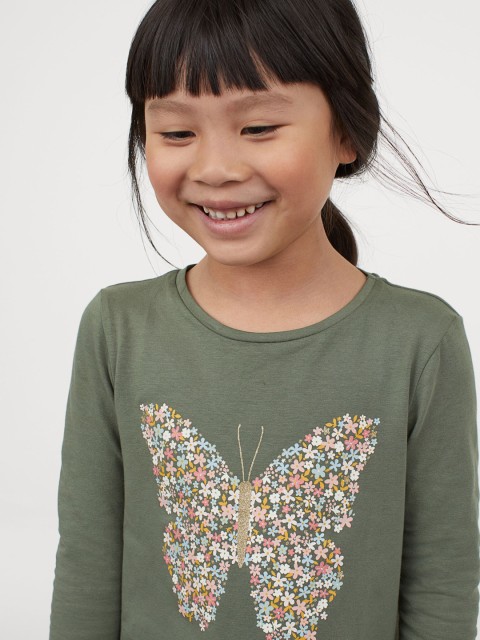 

H&M Girls Olive Green Printed Jersey Top