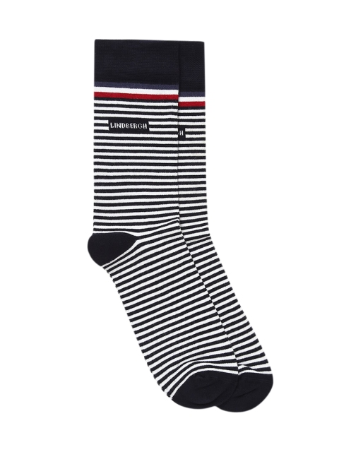 

LINDBERGH Men Navy Blue & White Striped Calf-Length Socks