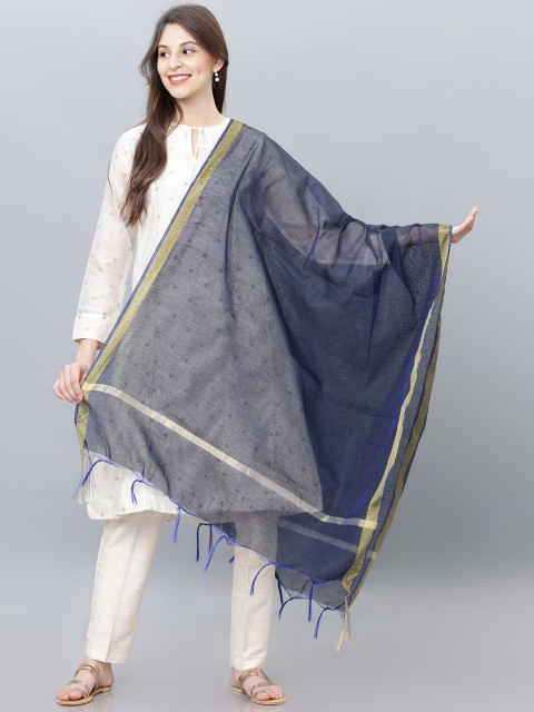 

Vishudh Women Navy Blue & Gold-Colour Solid Chanderi Dupatta