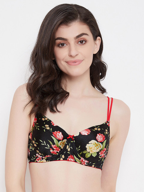 

Clovia Black & Red Floral Printed Lightly-Padded Underwired T-Shirt Bra BR2105P13
