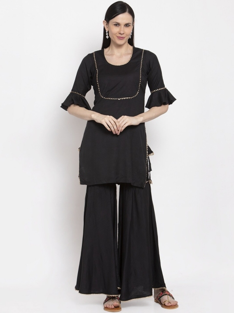 

DUGRI BE THE ONE Women Black & Gold-Toned Solid Kurti with Sharara