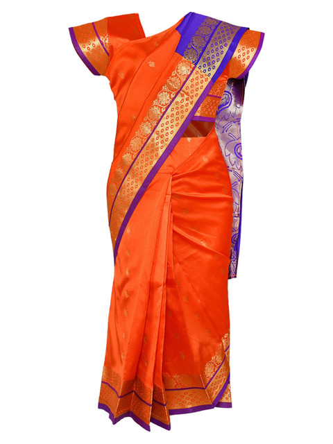 

Wish Karo Orange & Navy Blue Solid Kanjeevaram Saree