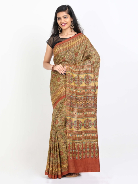 

SABOO COLLECTIONS Mustard & Red Pure Silk Printed Tussar Saree