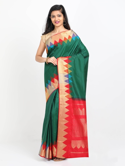 

SABOO COLLECTIONS Green & Red Pure Silk Woven Design Dharmavaram Saree