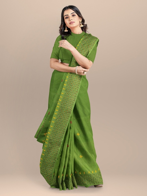 

BharatSthali Green Silk Cotton Woven Design Handloom Taant Saree