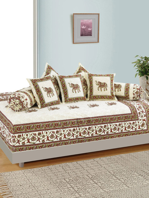 

Salona Bichona Set Of 8 White & Red Printed Diwan Set
