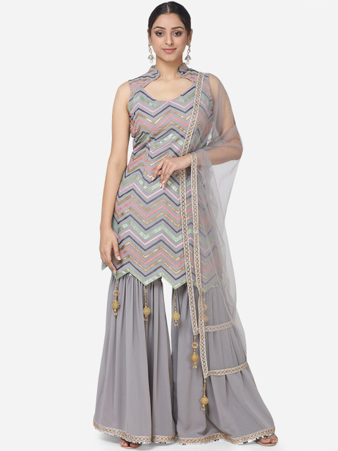 

BOMBAY SELECTIONS Women Grey & Pink Embroidered Kurta with Sharara & Dupatta