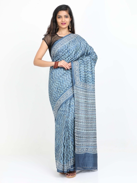 

SABOO COLLECTIONS Blue Pure Silk Printed Tussar Saree