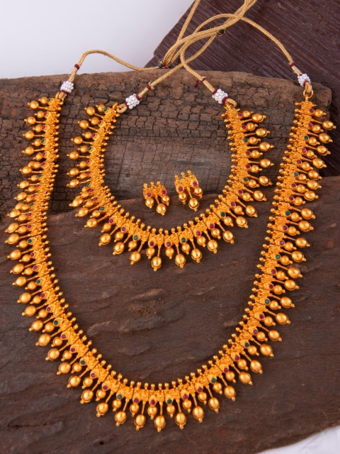 

Alankruthi Gold-Plated Stone-Studded Gada Shaped Sustainable Jewellery Set